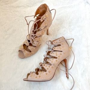 SCHUTZ | Arieli High Heel Sandal Open Peep Toe Booties Lace Up Studded Nude 9
